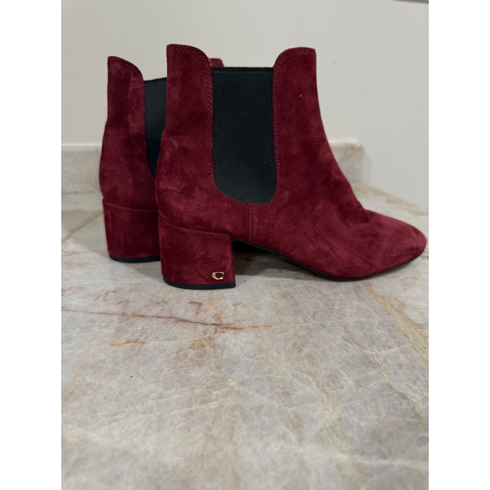 Coach Tia Wine Red Suede Chelsea Ankle Boots Block Heel Size 8.5 - Picture 2 of 12